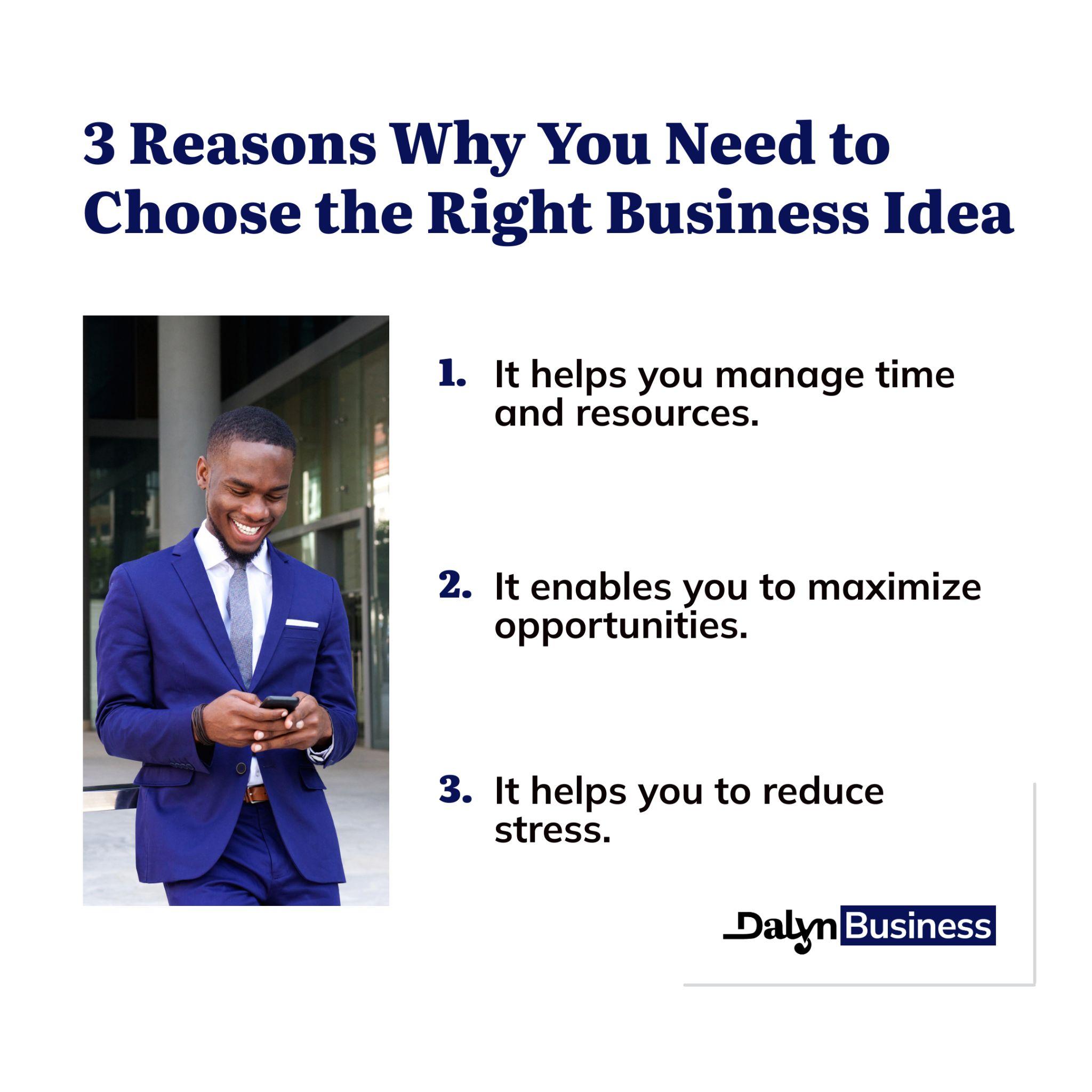 Infographic for 3 reasons why you need to choose the right business idea. 