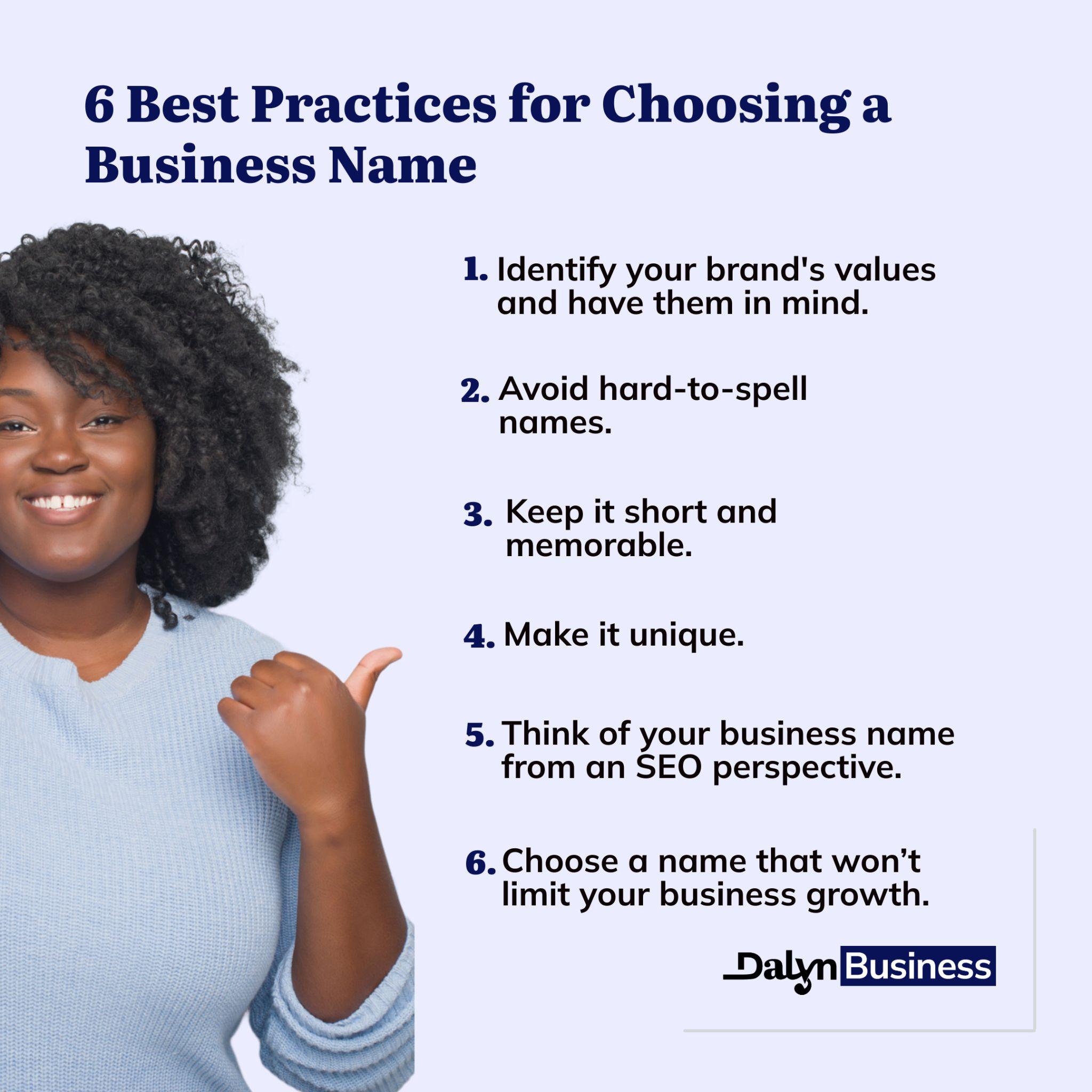 Infographic showing 6 best practices for choosing a business name.